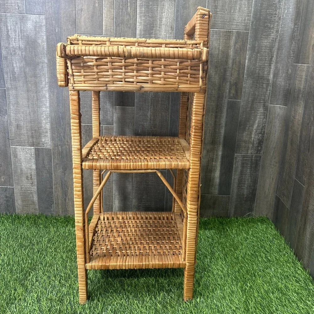 Vintage MCM Wicker Rattan 3 Tier Shelf Bookcase Plant Stand w/ Drawer Boho